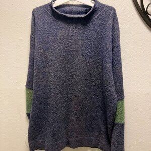 French Connection Blue Wool Blend Sweater With Green Sleeve Detail XL